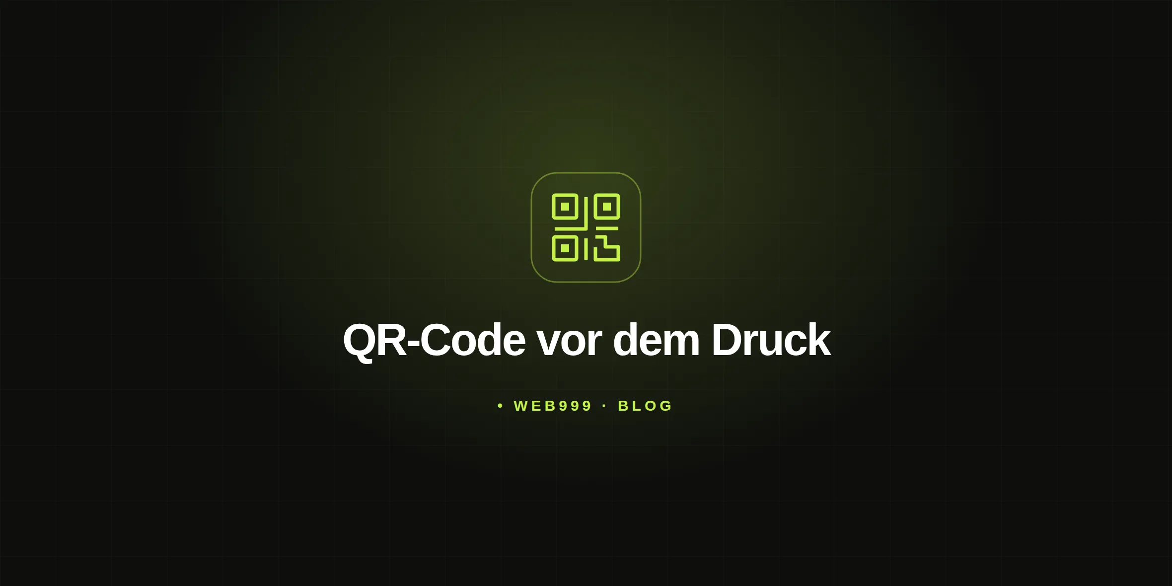 Ein stilisiertes QR-Code-Symbol steht über dem Titel QR-Code vor dem Druck auf einem dunklen Rasterhintergrund mit limettengrünem Lichtschein.